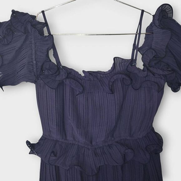 Just Me Womens Maxi Sz M Navy Off-Shoulder Ruffle Tiered Dress Gown Wedding Prom - Picture 5 of 16